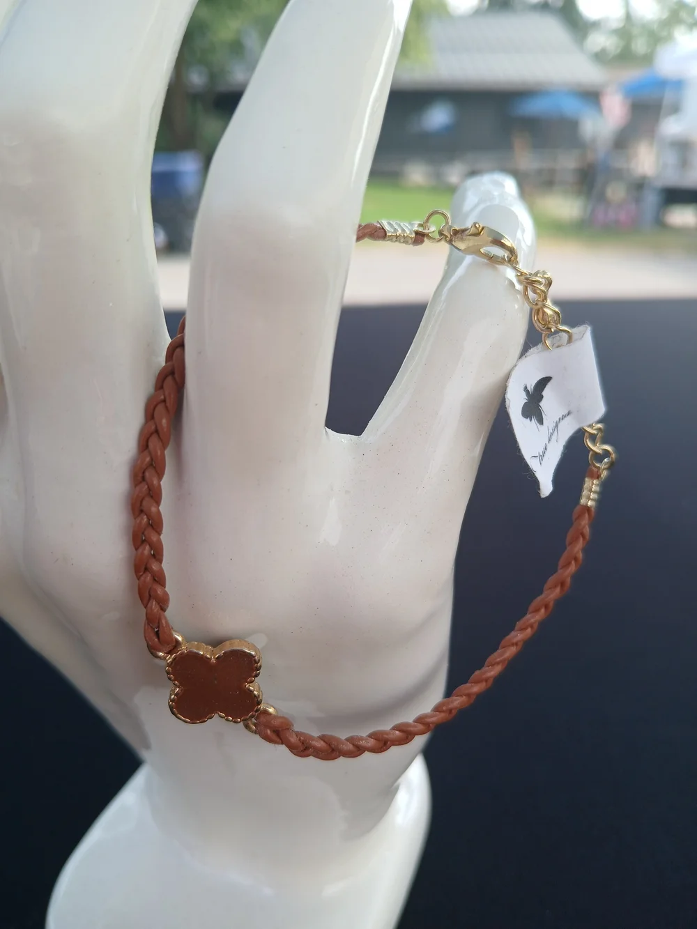 True Designs Brown Braided Leather Clover Cross Charm  Bracelet NWT Minimalist